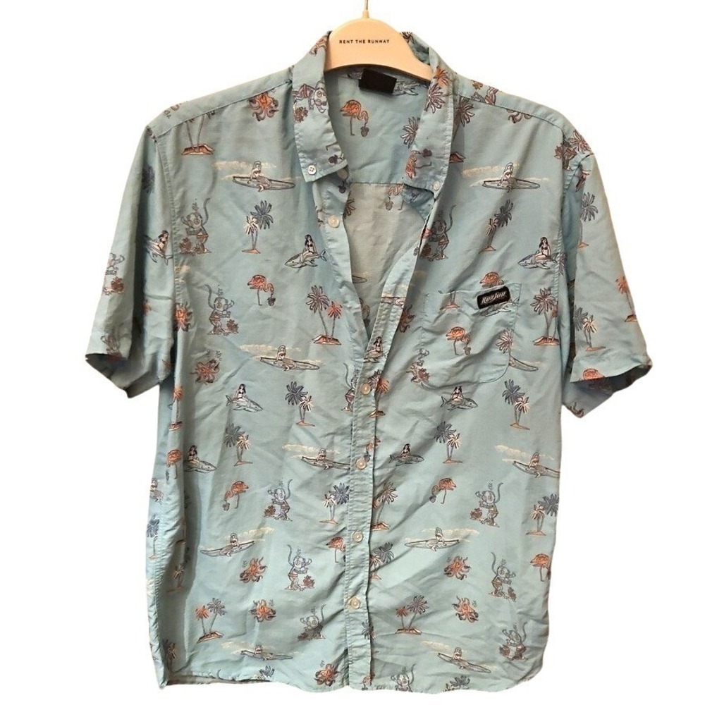 Ron Jon Hula Girl Hawaiian Beach Shirt Shark Flamingo Island Medium